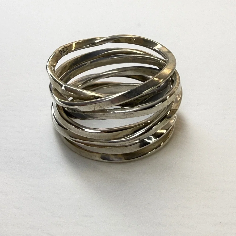 Sterling Silver Multi Band Rolling Ring Hammered Interlocking Stacked Size 6.5
